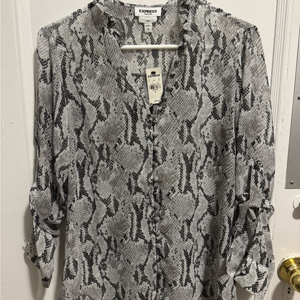 Express Women's Black and Gray Snake Print Top